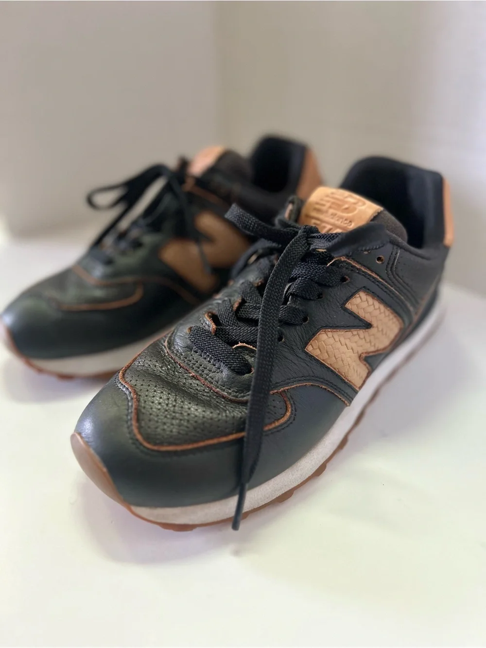 Rare New Balance 574 Leather Black Sneakers with Tan Leather Accents